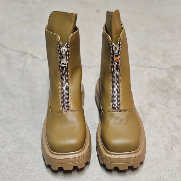 Chunky Sole Olive Green Leather Ankle Boots With Front Zipper And Lug Outsole Fo - Picture 3 of 8